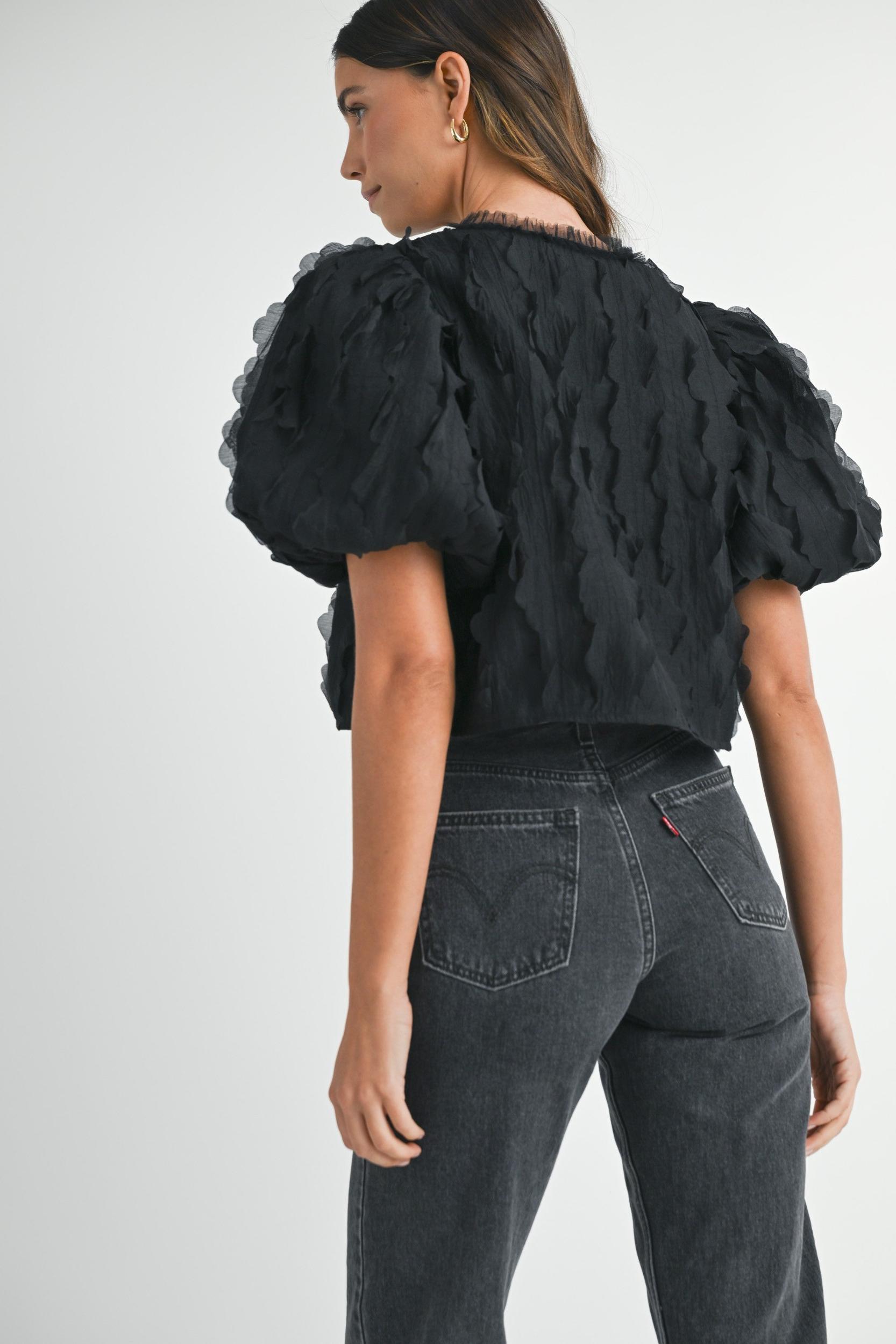 Textured Scallop Puff Sleeve Blouse Top Product Image