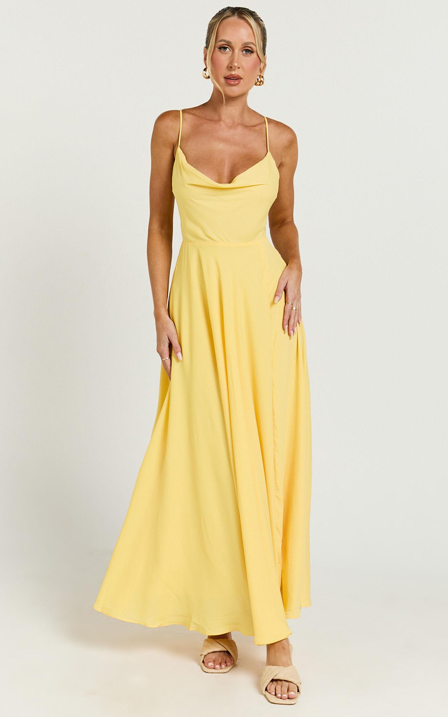 Celestine Midi Dress - Lace Up Back Cowl Neck Dress in Lemon Product Image