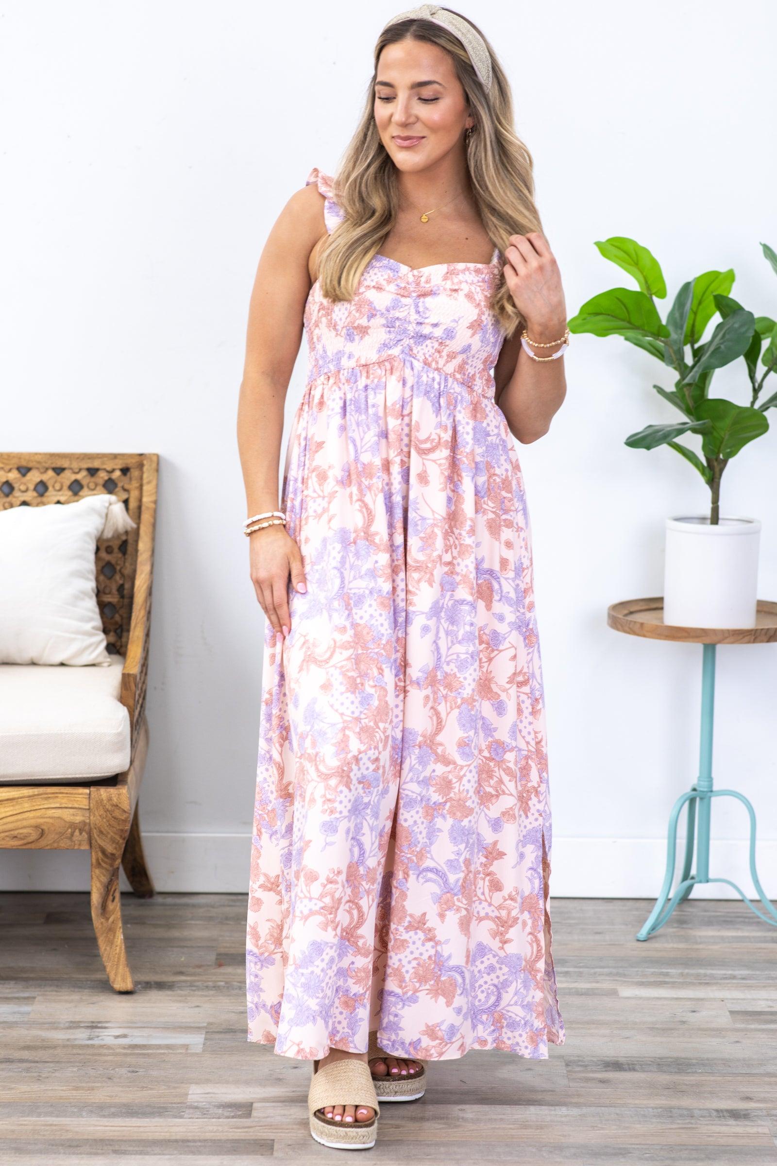 Peach Paisley Floral Smocked Maxi Dress Product Image
