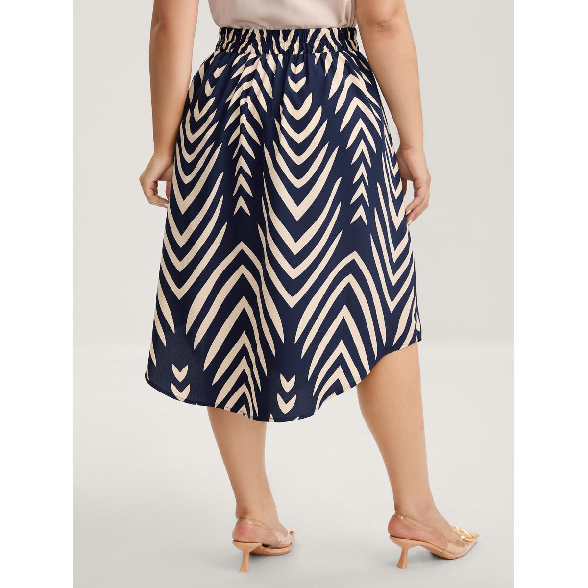Plus Size Geometric Print High Low Hem Skirt Women Navy Loose No stretch Side seam pocket Work Skirts BloomChic 12/L Product Image