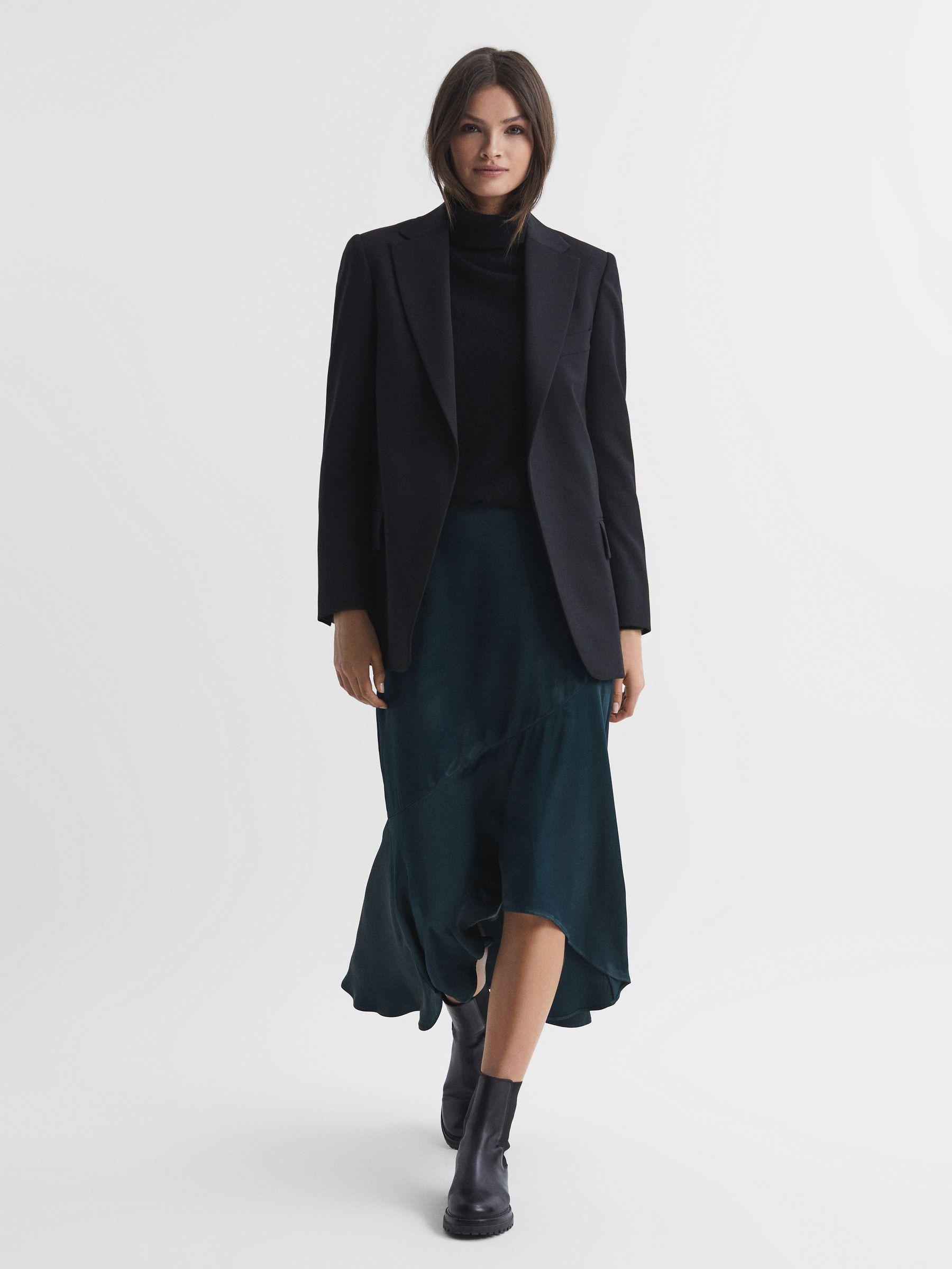 Satin High Rise Midi Skirt in Teal Product Image