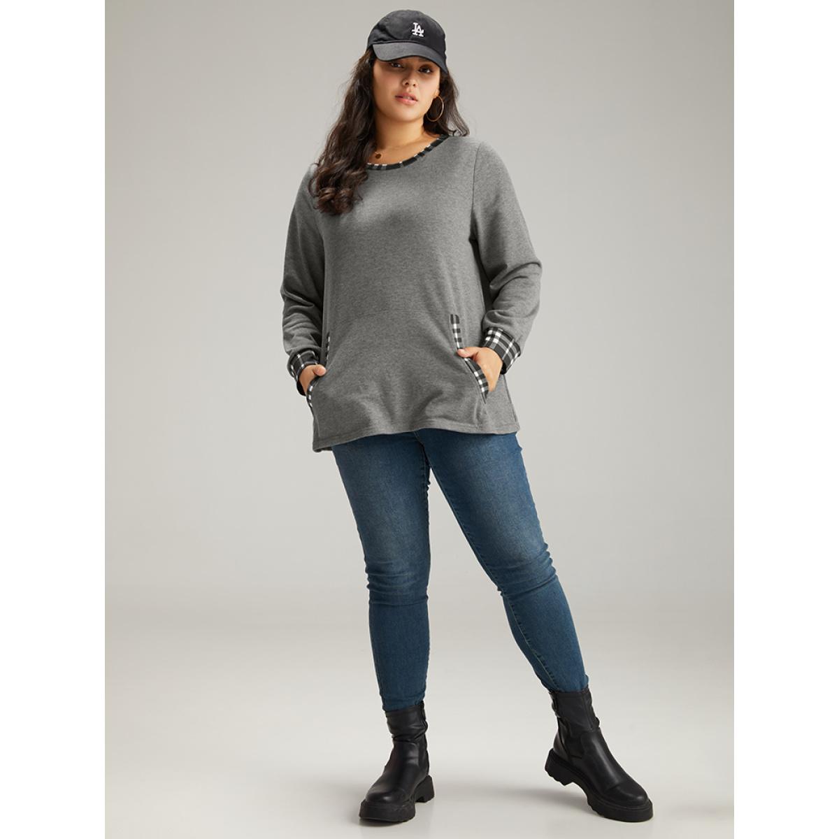 Plus Size Gingham Round Neck Pocket Patchwork Sweatshirt Women DimGray Casual Patchwork Round Neck Dailywear Sweatshirts BloomChic 26/4X Product Image