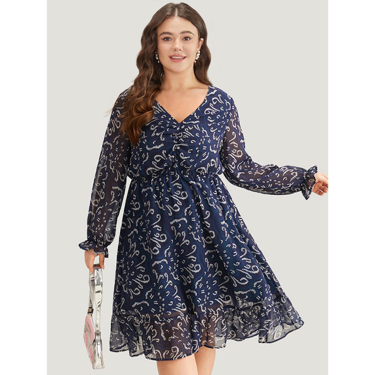 Plus Size Geometric Pocket Ruched Mesh Dress Cerulean Women Office Gathered V-neck Long Sleeve Curvy Midi Dress BloomChic 28/5X Product Image