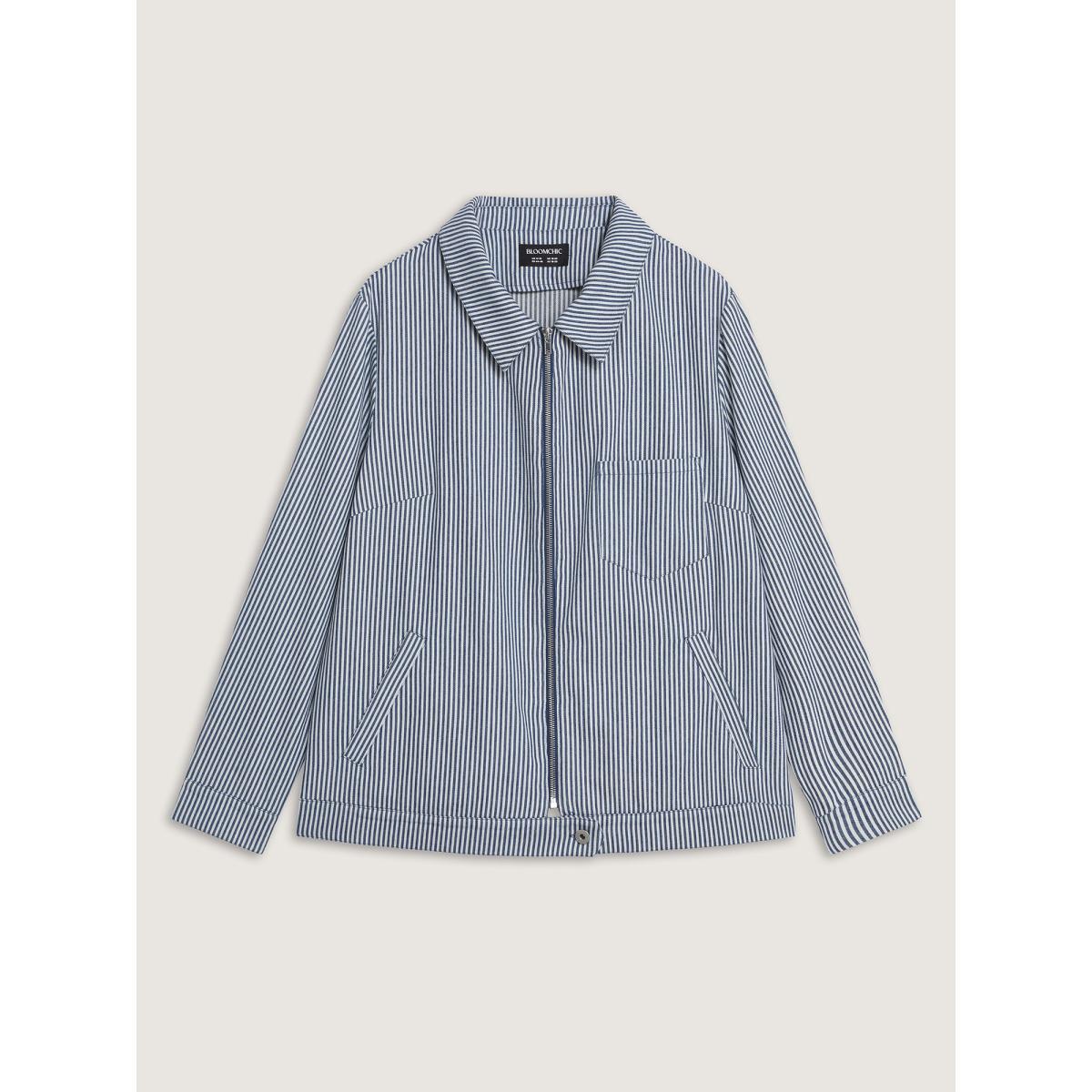 Plus Size Denim Stripe Zipper-Front Jacket Women Mediumblue Slanted pocket Casual Jackets BloomChic 18-20/2X Product Image