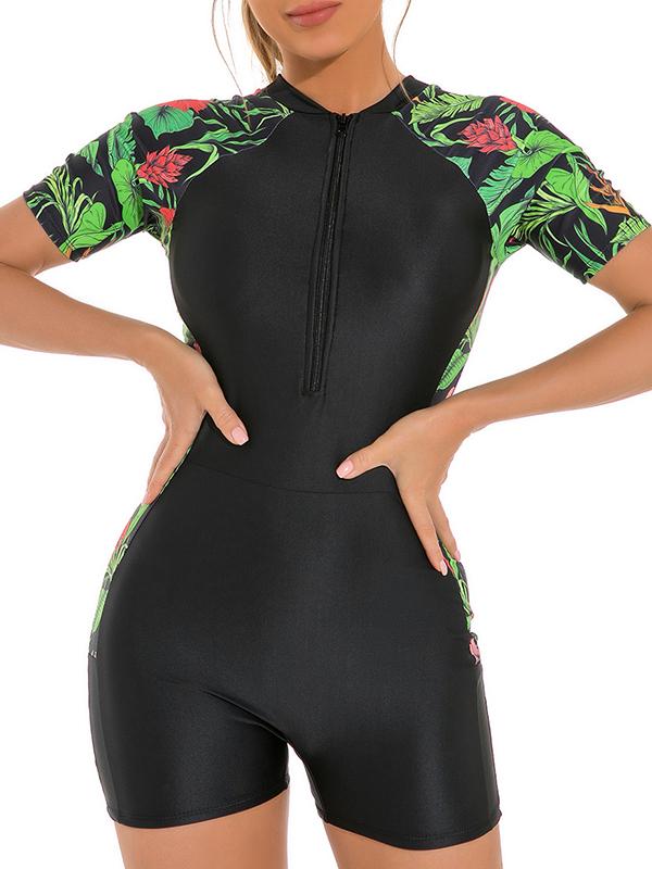 Contrast Print Short Sleeve Zip Up One-Piece Product Image