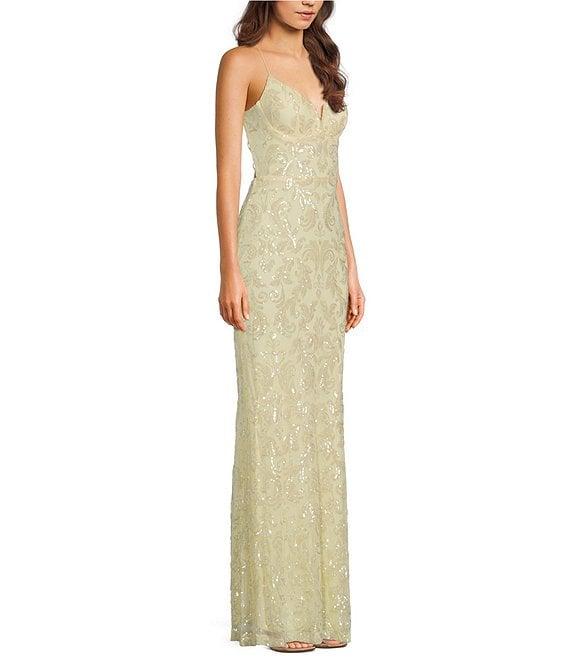 Next Up Printed Sequined Split V-Neck Spaghetti Strap Dress Product Image