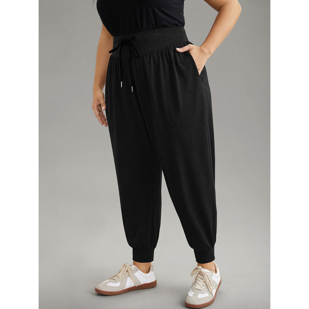 Plus Size Solid Drawstring Elastic Waist Cuffed Pants Women Black Casual High Rise Dailywear Pants BloomChic 30/6X Product Image