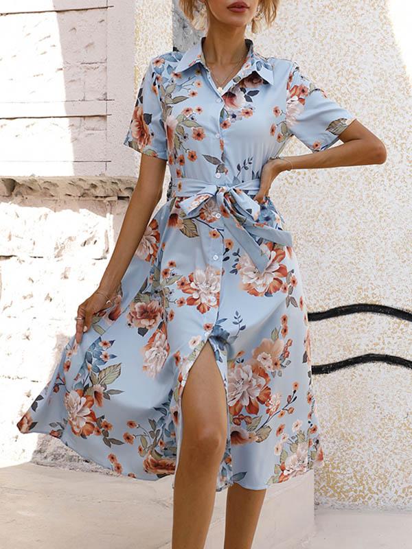 A-Line Loose Buttoned Flower Print Tied Waist Lapel Midi Dresses Product Image