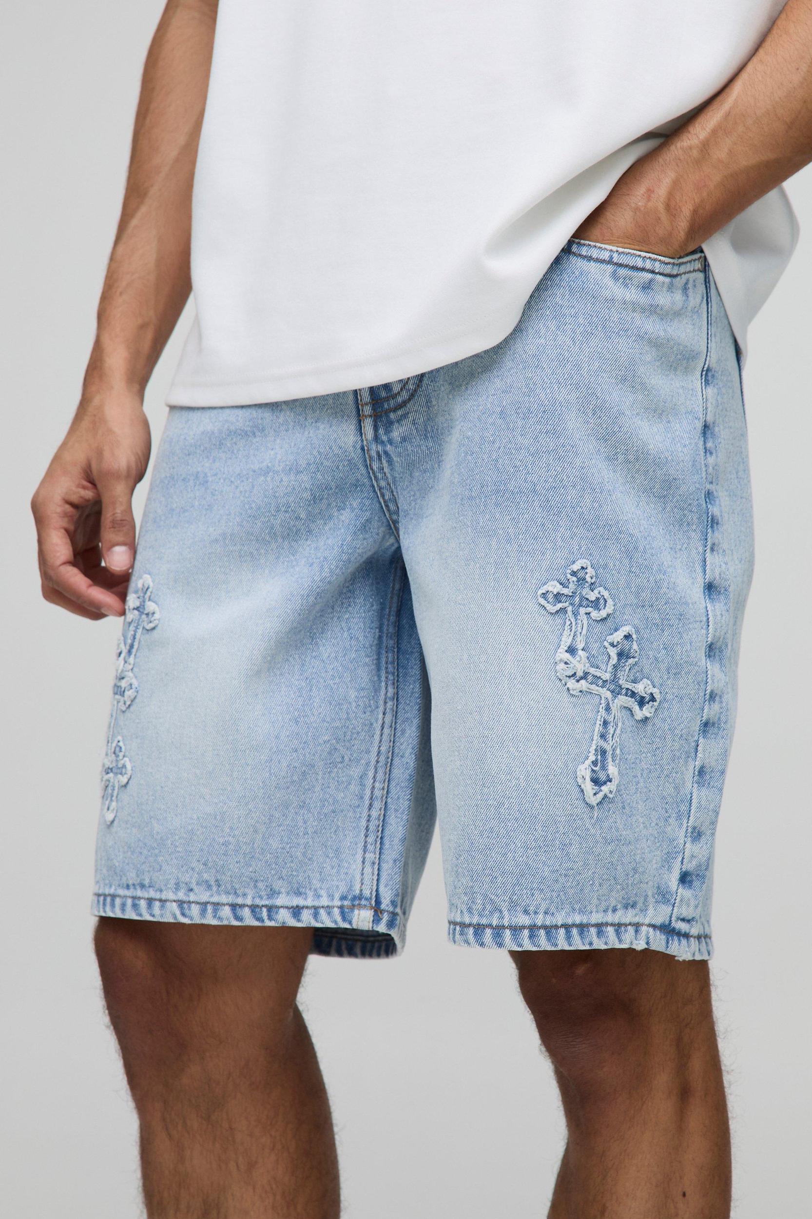 Relaxed Stone Washed Blue Cross Applique Denim Shorts | boohooMAN USA Product Image