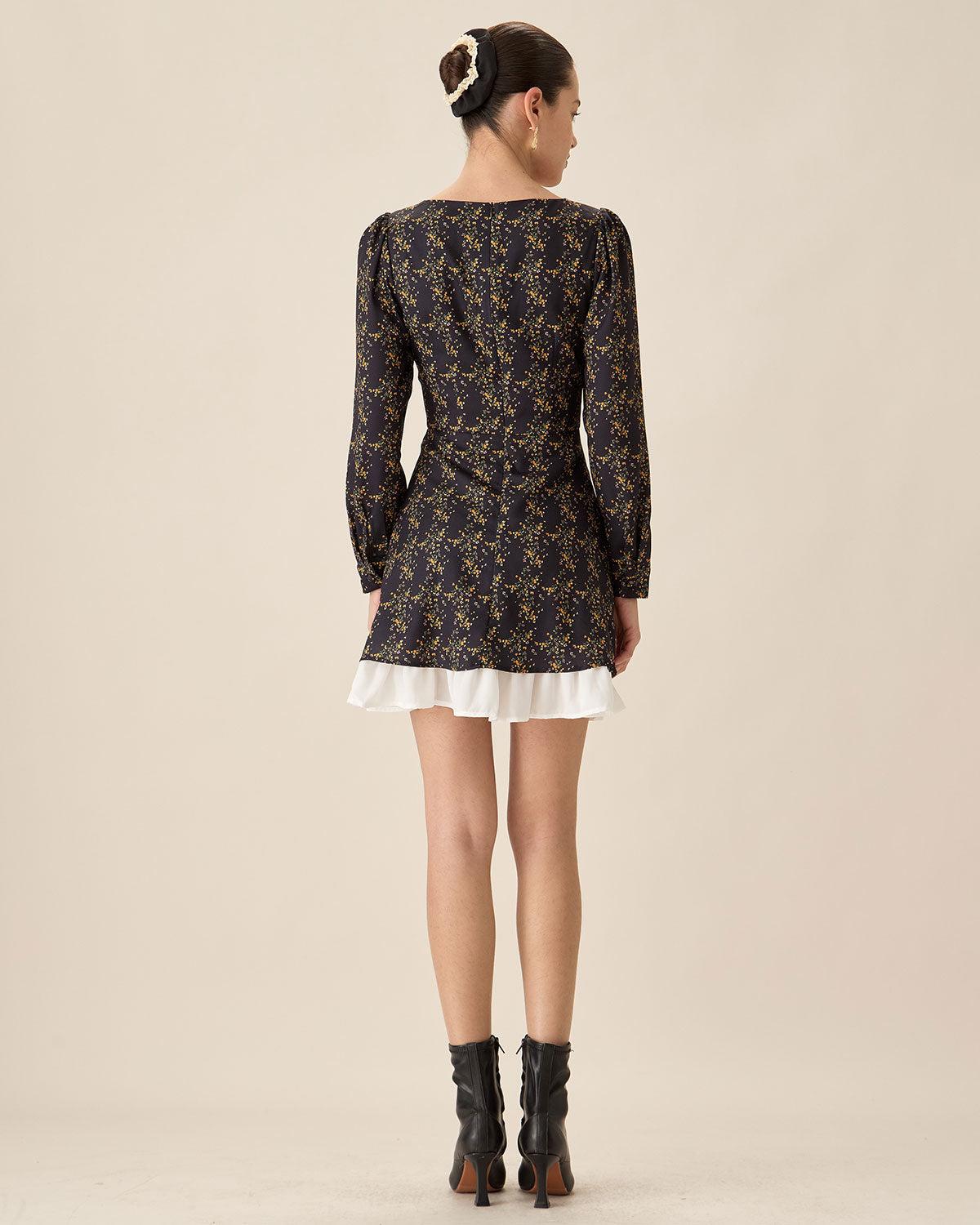 Black Contrasting Puffed Sleeve Mini Dress Product Image