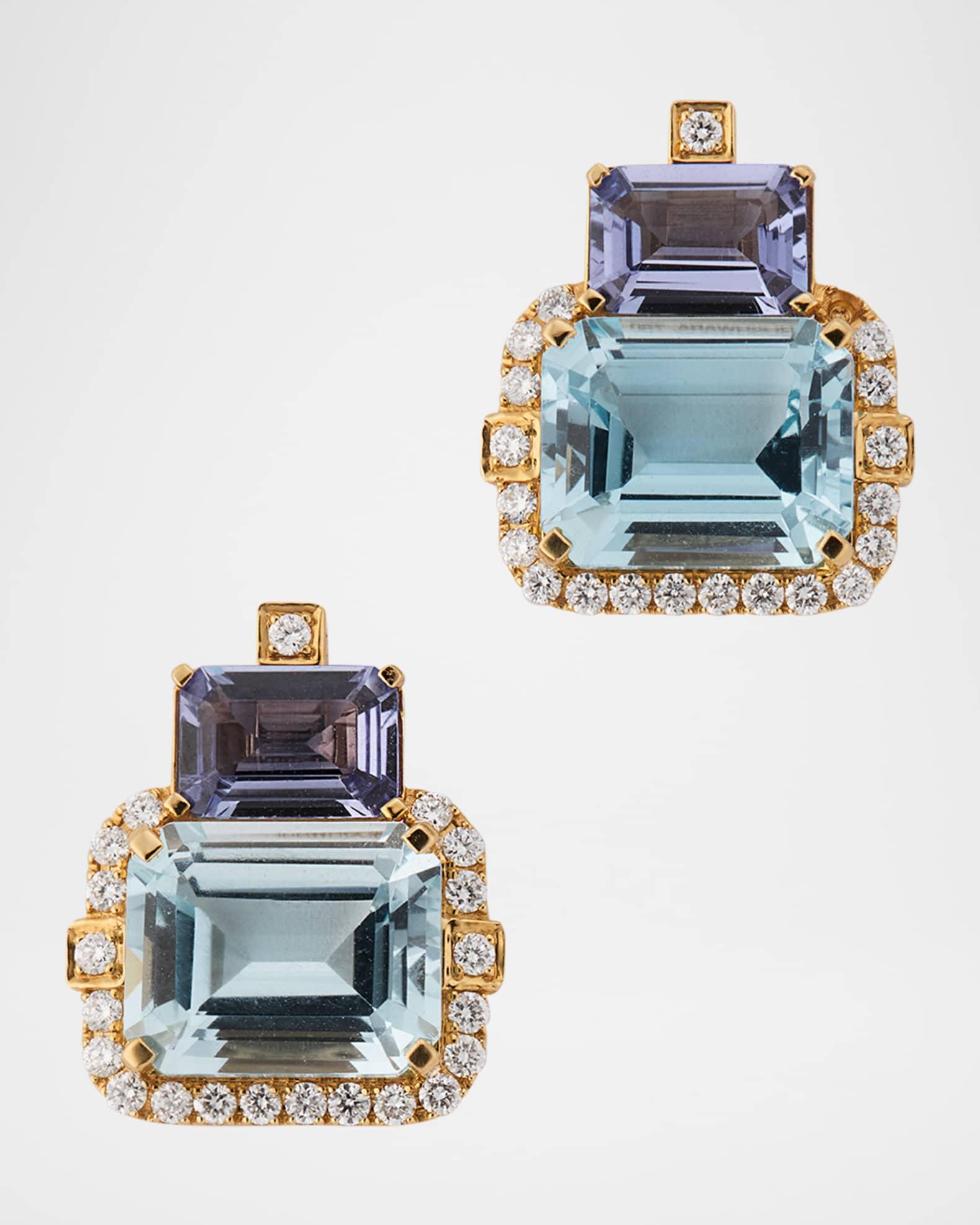 Gossip 18K Yellow Gold Blue Topaz and Tanzanite 2 Stone Emerald Cut Earrings with Diamonds Product Image