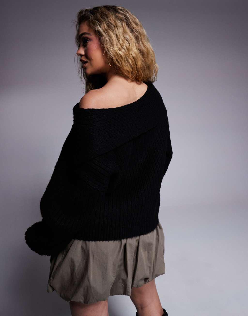 ASOS DESIGN oversized knitted off shoulder sweater in black Product Image