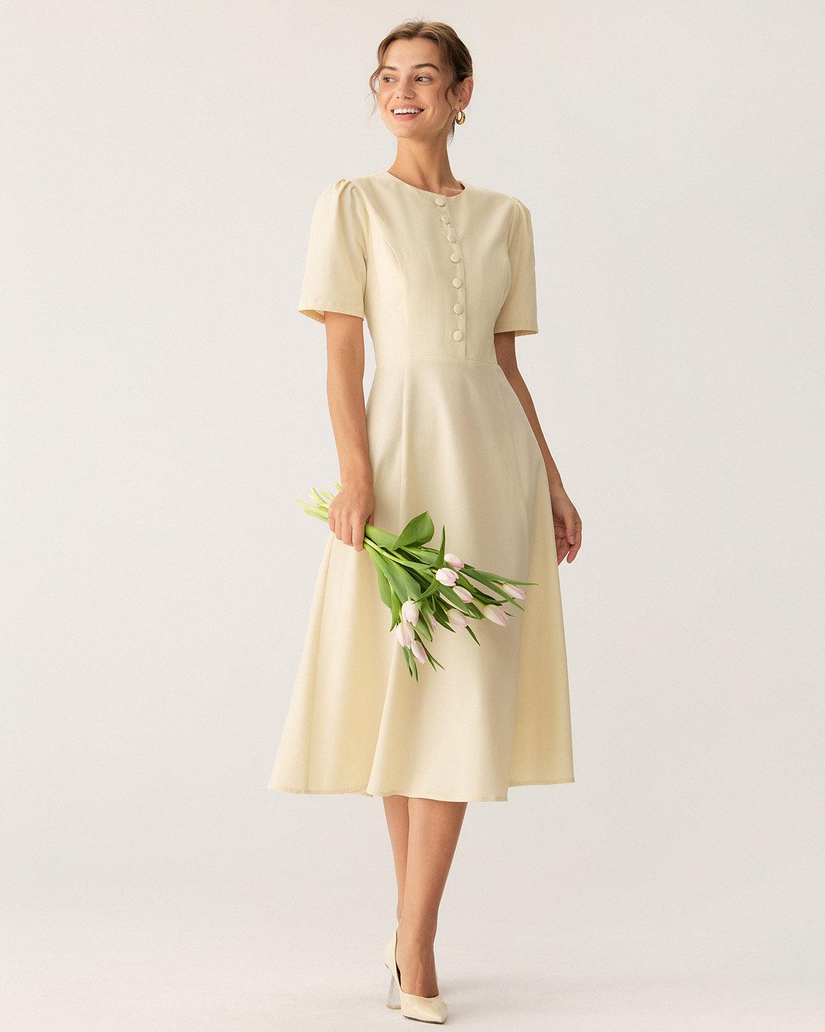 Beige Puffed Sleeve Button Midi Dress Product Image