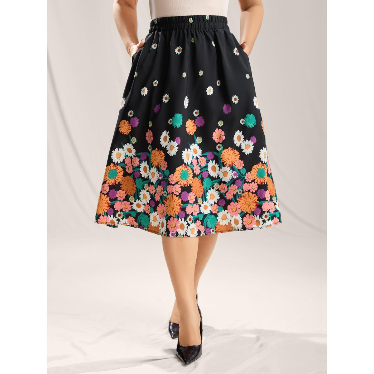 Plus Size Floral Print Pleated Midi Skirt Women BlackFlower Elegant Contrast Bodycon Low stretch Slanted pocket Party Skirts BloomChic 18-20/2X Product Image