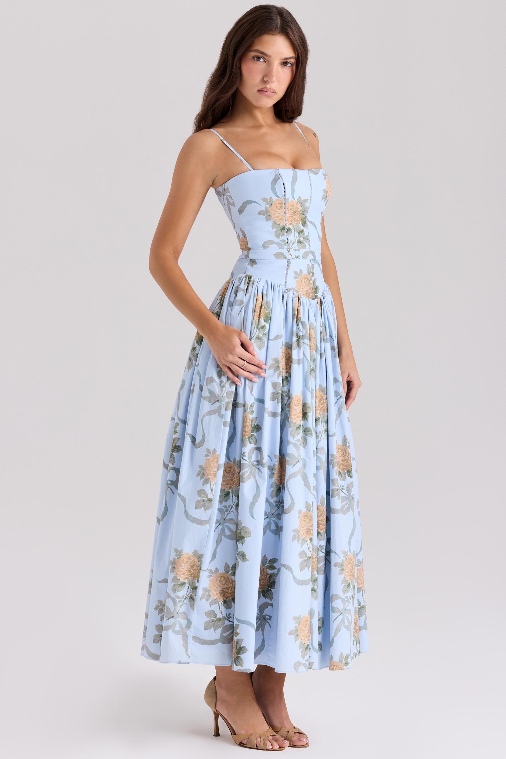 Ysabella  blue vintage rose print cotton midi sundress Product Image