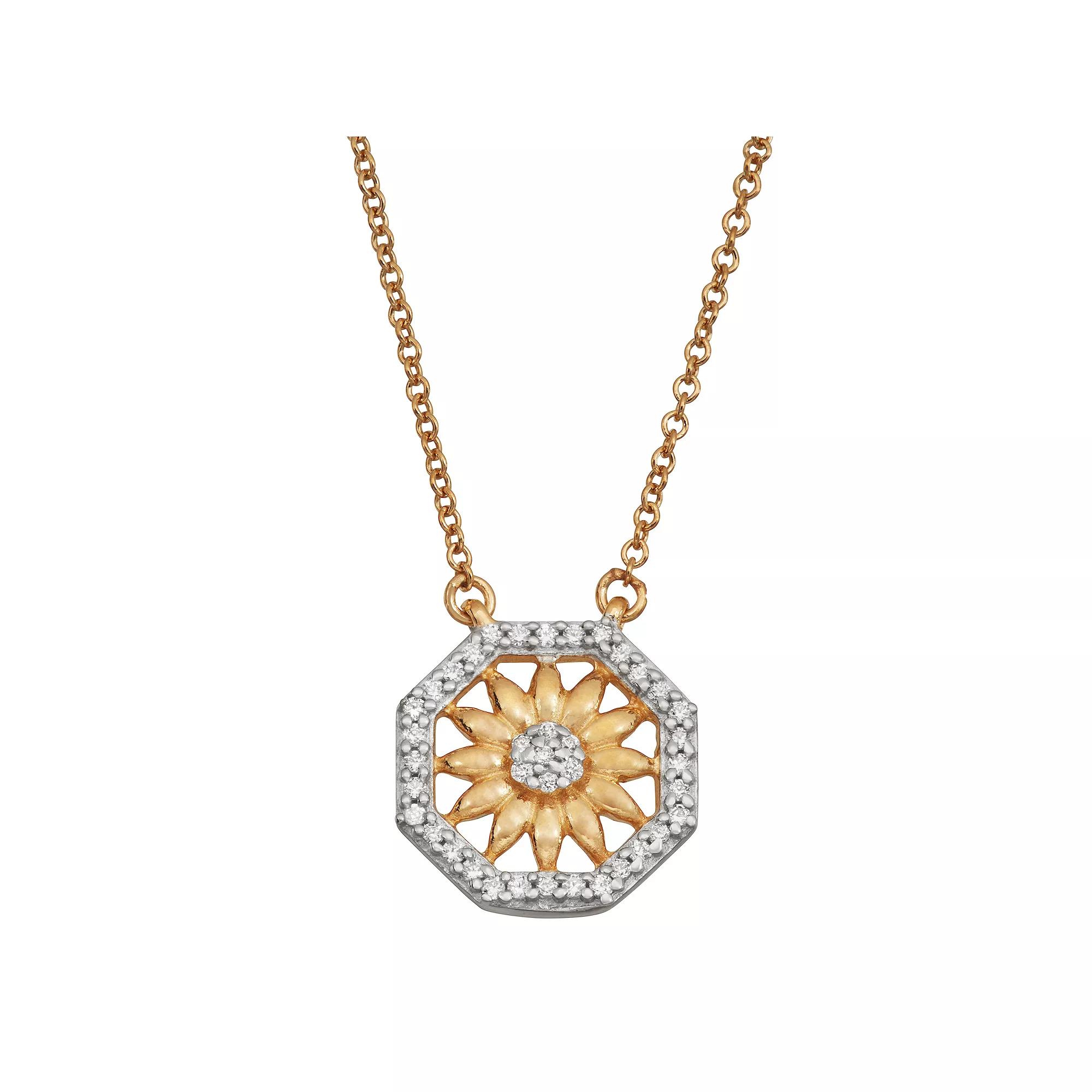 Jewelexcess Two Tone Sterling Silver 1/6 Carat T.W. Diamond Sunflower Pendant Necklace, Women's, Size: 18" Product Image