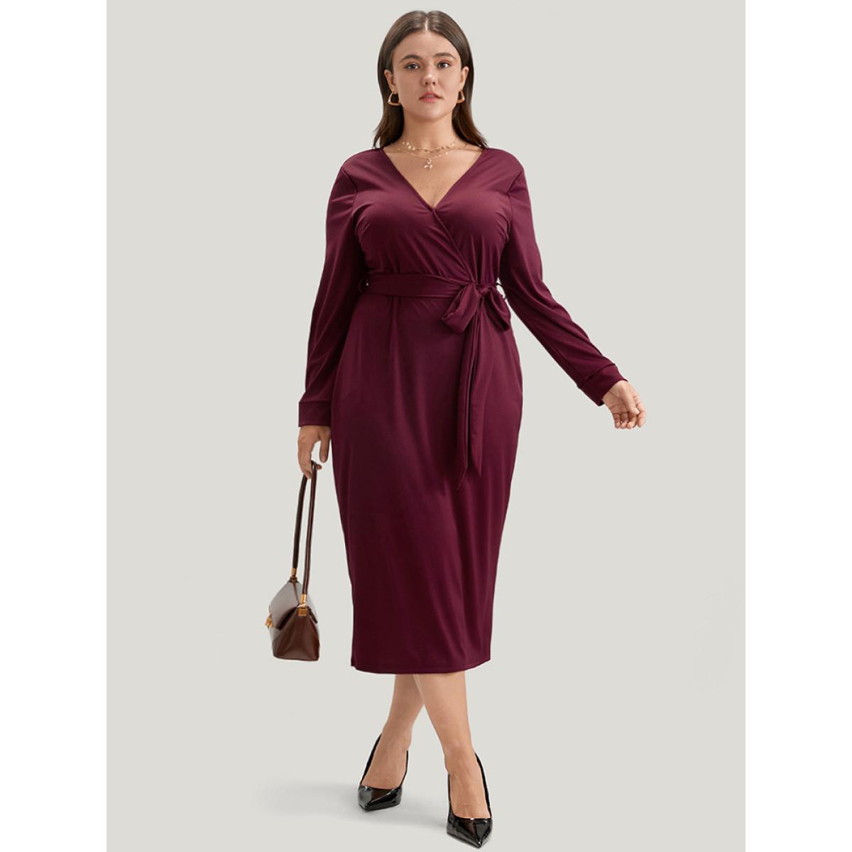 Plus Size Solid Wrap Belted Lantern Sleeve Skinny Dress Burgundy Women Glamour Cross straps V-neck Long Sleeve Curvy Midi Dress BloomChic 28/5X Product Image