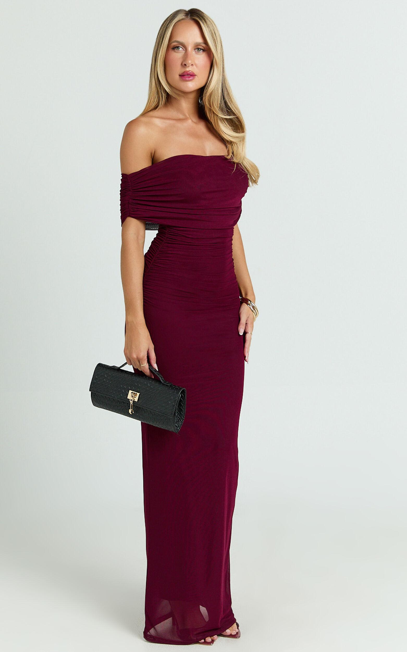 Caterina Maxi - Ruched Off Shoulder Mesh Dress in Wine Product Image