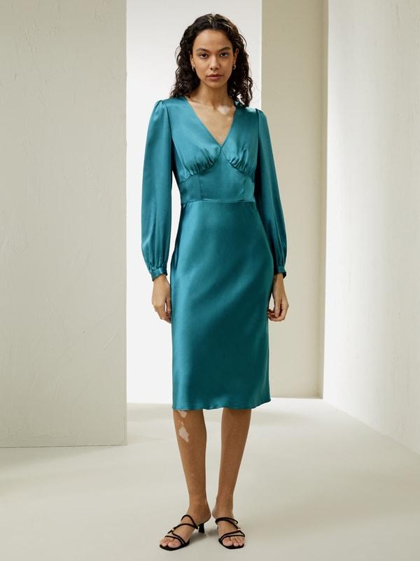 LILYSILK Long Sleeve Dress Silk for Women Red Clay Natural Silk Versatile Pleated Cups Dress 2 Product Image