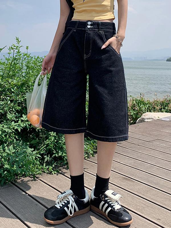 Vintage Loose Wide Leg Denim Shorts Product Image