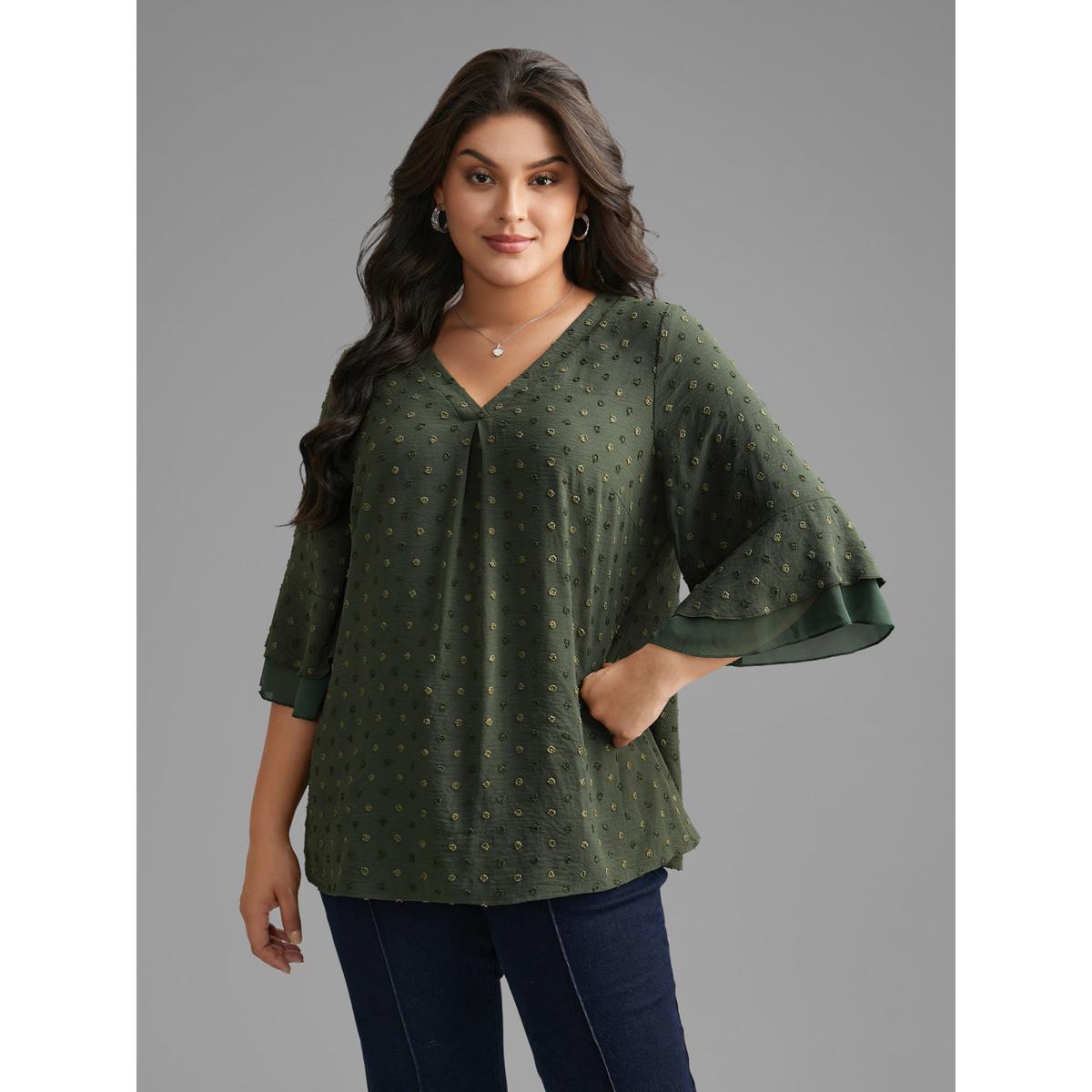 Plus Size ArmyGreen Textured Pleated Tiered Ruffle Sleeve Blouse Women Elegant Elbow-length sleeve V-neck Everyday Blouses BloomChic 18-20/2X Product Image