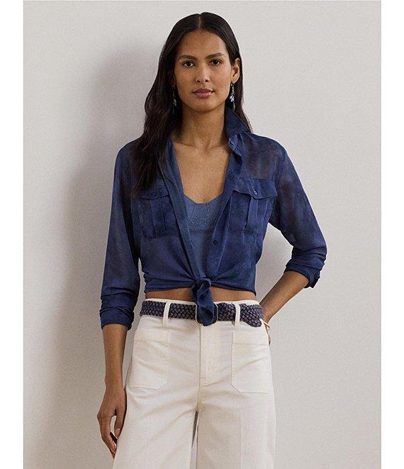 Lauren Ralph Lauren Sheer Chiffon Cerulean Print Point Collar Long Sleeve Shirt Product Image
