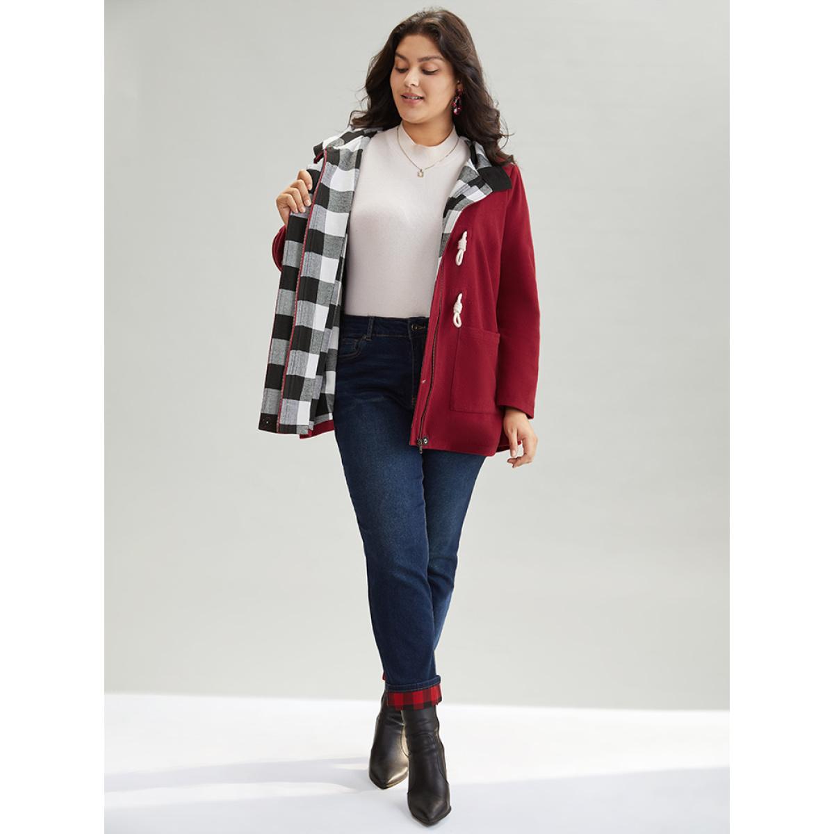 Plus Size Plaid Patchwork Hooded Duffle Button Coat Women Crimson Casual Lined Ladies Dailywear Winter Coats BloomChic 22-24/3X Product Image