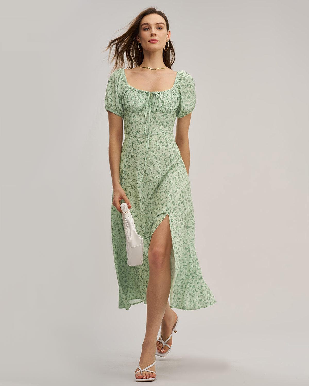 Green Floral Square Neck Puffed Sleeve Midi Dress Product Image