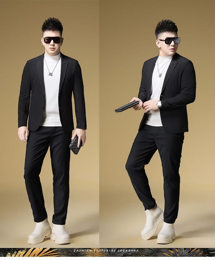 Striped Button-Up Slim Fit Blazer Product Image