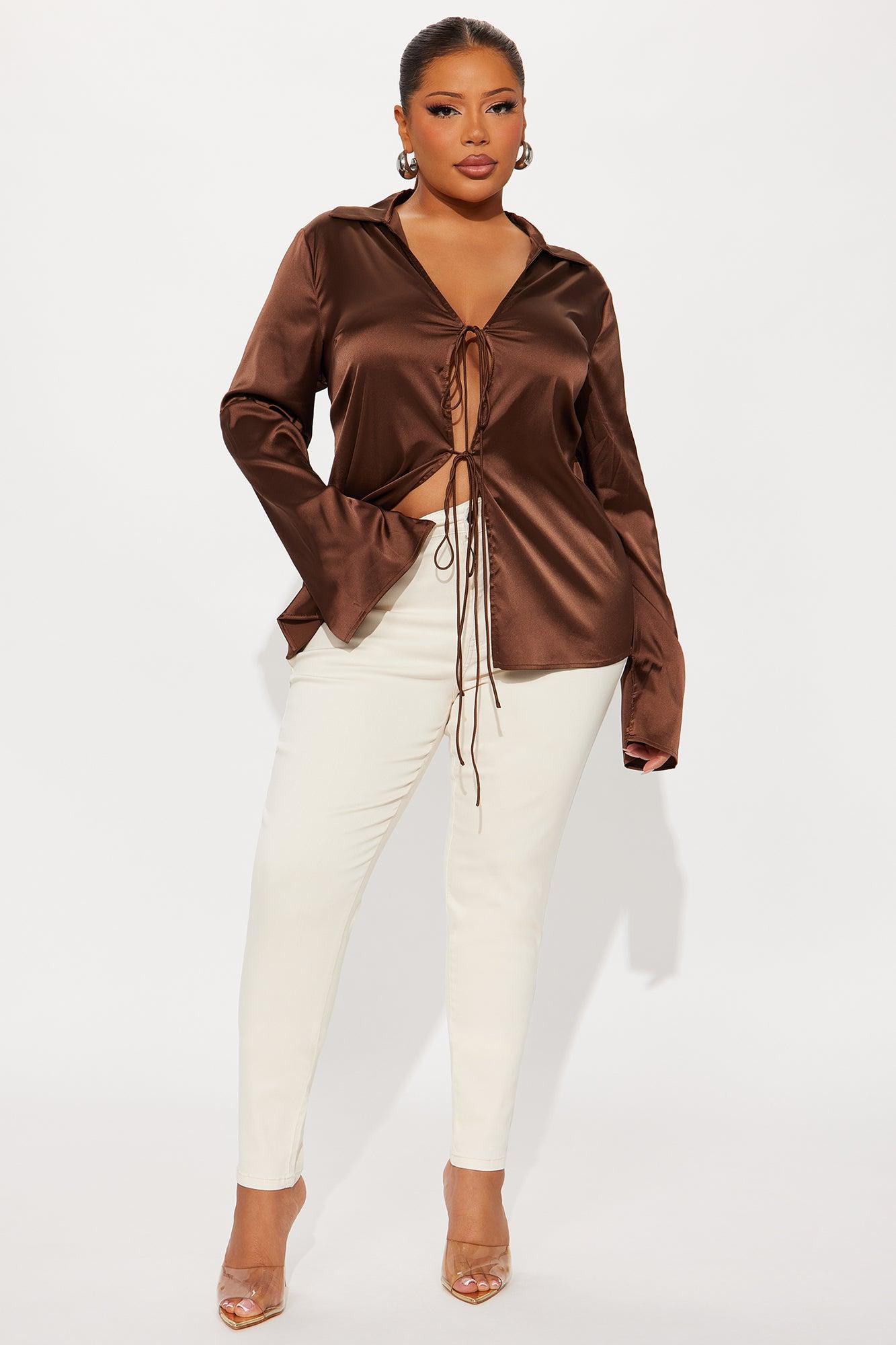 Satin Effect Tie Front Flyaway Top - Chocolate Female Product Image
