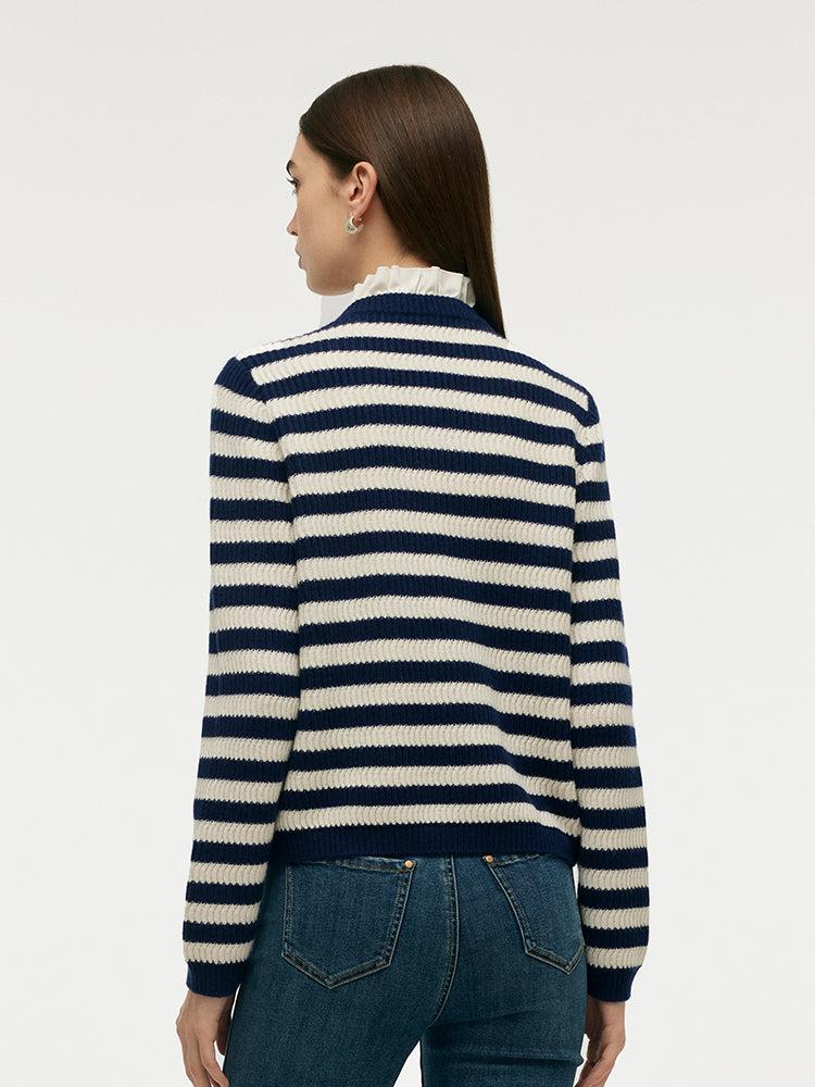 Blue And White Stripe Women Cardigan With Detachable Ruffle Collar Product Image