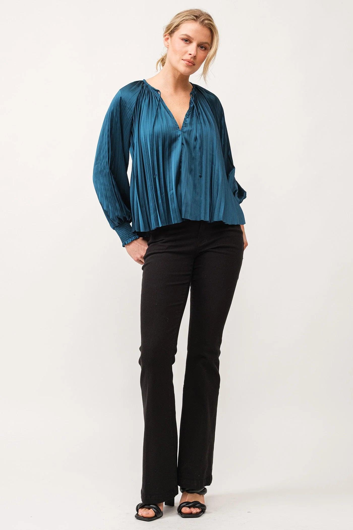 Deletta Pleated Satin Ruched Cuff Top Product Image
