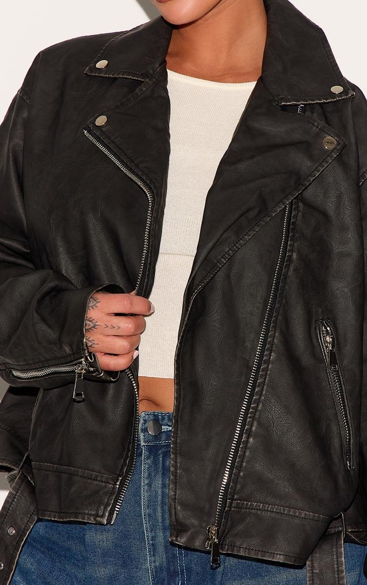 Plus Black Vintage Faux Leather Oversized Zip Up Biker Jacket Product Image