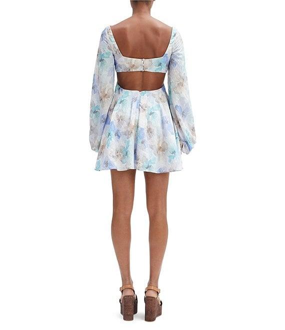 Bardot Jovie V-Neck Cut Out Back Long Puff Sleeve Floral Printed Babydoll Dress Product Image