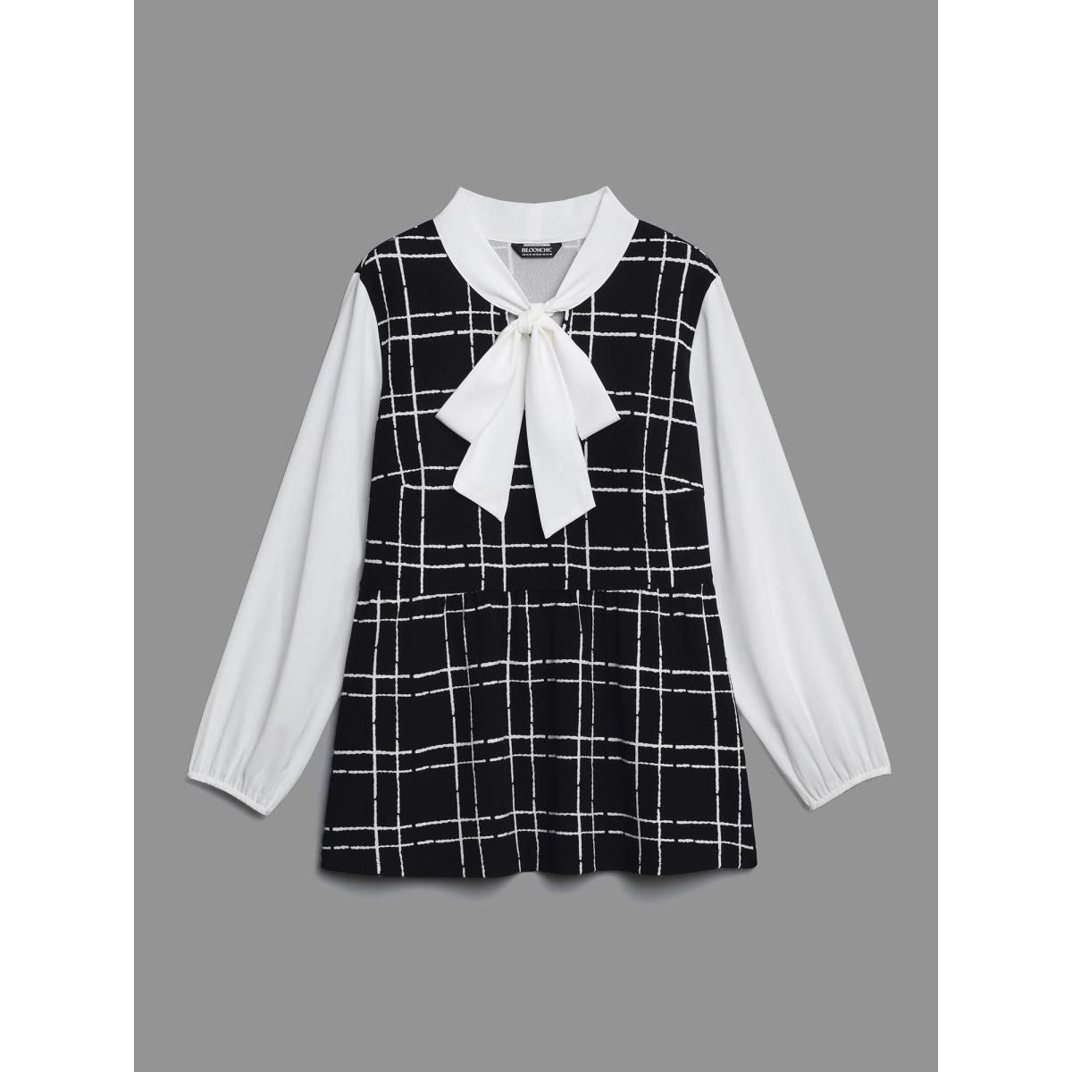 Plus Size Black Plaid Print Contrast Bow-Tie Shirt Women Elegant Extra Long Sleeve Non Everyday Blouses BloomChic 18-20/2X Product Image