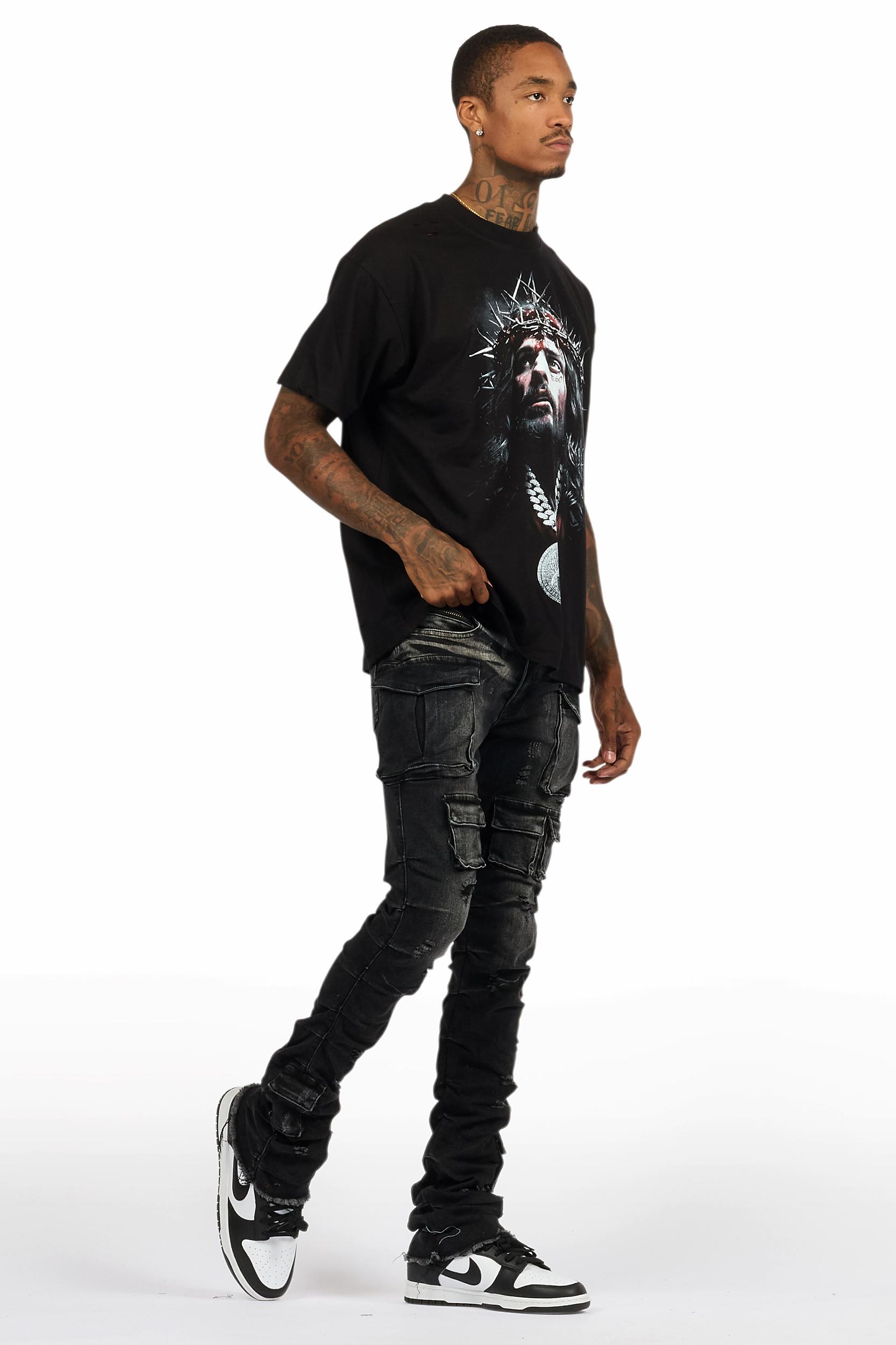 Amina Black Washed T-Shirt Stacked Flare Jean Set Male Product Image