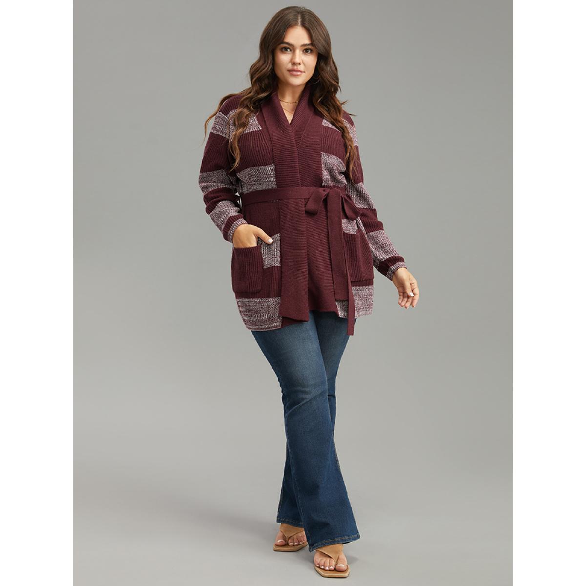 Plus Size Colorblock Heather Belted Pocket Cardigan Burgundy Women Casual Loose Long Sleeve Dailywear Cardigans BloomChic 14-16/1X Product Image