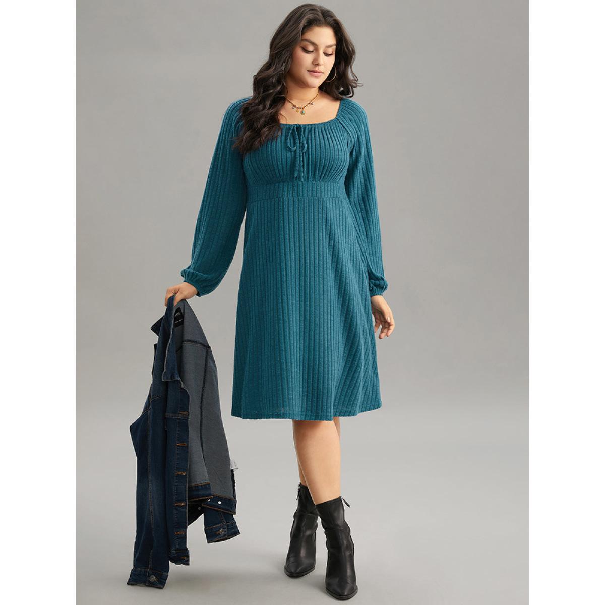 Plus Size Rib Knit Ties Square Neck Lantern Sleeve Dress Aegean Women Casual Elastic cuffs Square Neck Long Sleeve Curvy Midi Dress BloomChic 18-20/2X Product Image