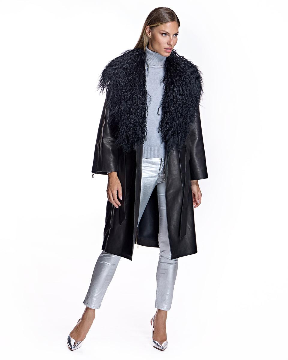 Julia & Stella by Maximilian Leather Wrap Coat with Dyed Mongolian Lamb Collar/Cuff (Maximilian) Product Image