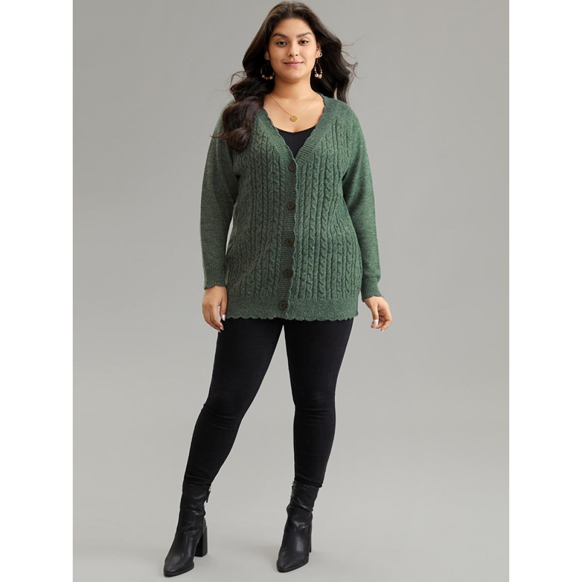 Plus Size Solid Cable Knit Scalloped Trim Cardigan DarkGreen Women Casual Loose Long Sleeve Dailywear Cardigans BloomChic 26/4X Product Image
