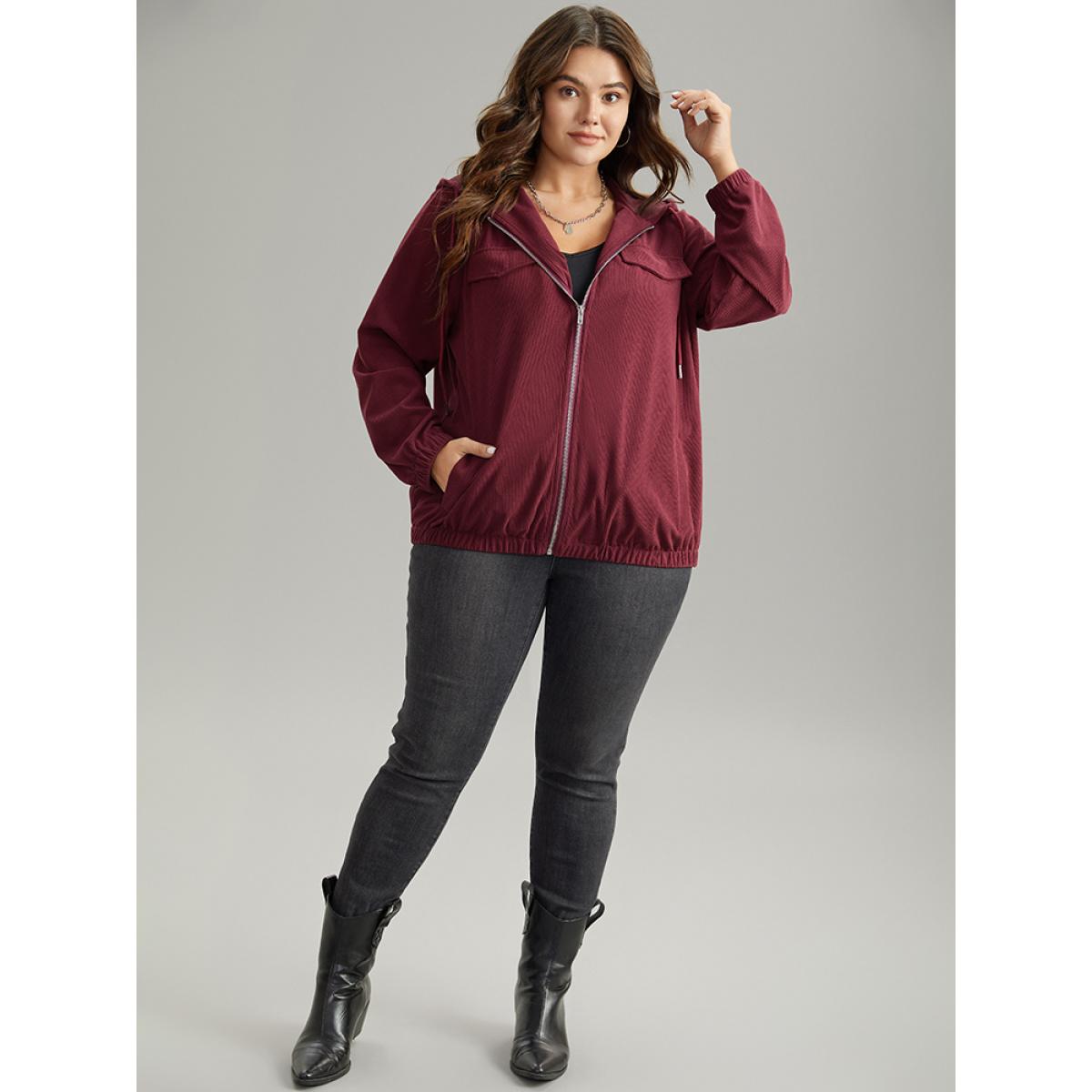 Plus Size Corduroy Hooded Flap Pocket Ties Jacket Women Burgundy Elastic cuffs Pocket Everyday Jackets BloomChic 18-20/2X Product Image