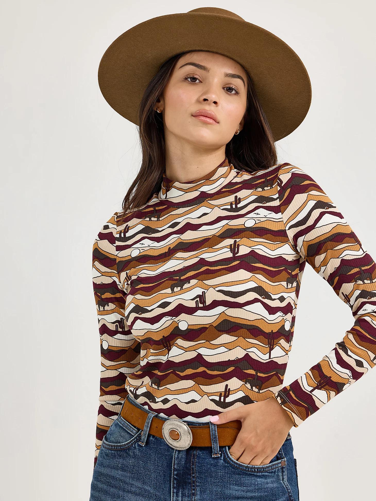 Women's Western Print Mock Neck Shirt in Desert Product Image