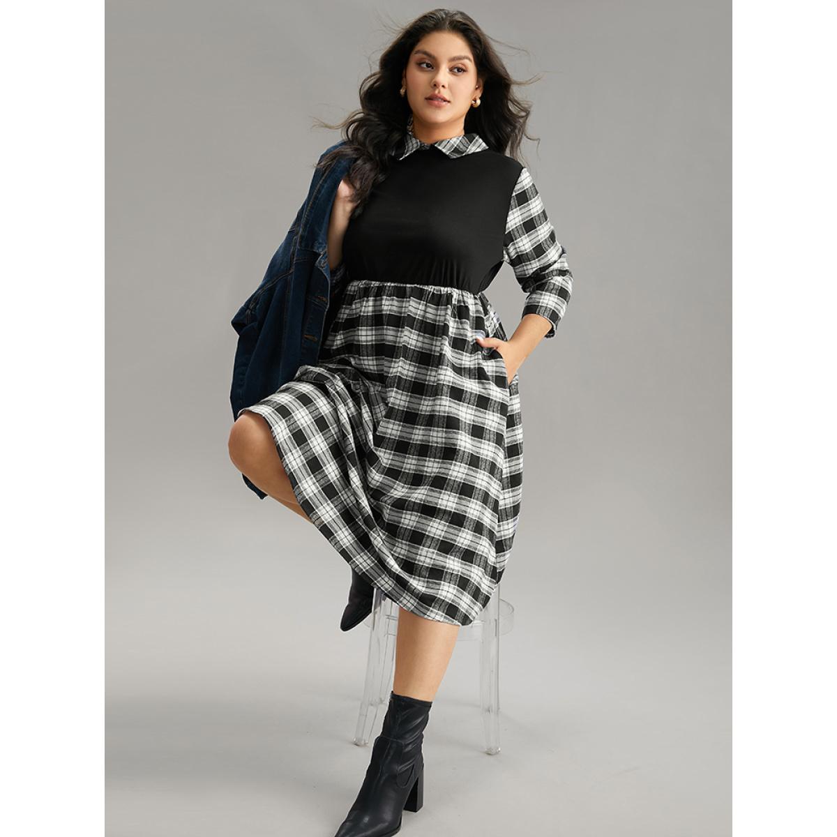 Plus Size Plaid Patchwork Elastic Waist Lapel Collar Dress Black Women Casual Printed Lapel Collar Elbow-length sleeve Curvy Midi Dress BloomChic 18-20/2X Product Image