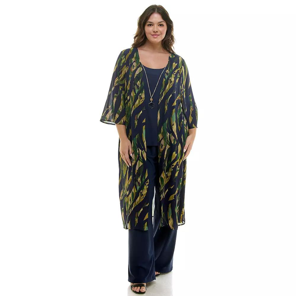 Plus Size Luxology 3-Piece Long Cardigan, Tank Top & Pants Set, Women's, Size: 1XL, Navy Green Citron Product Image