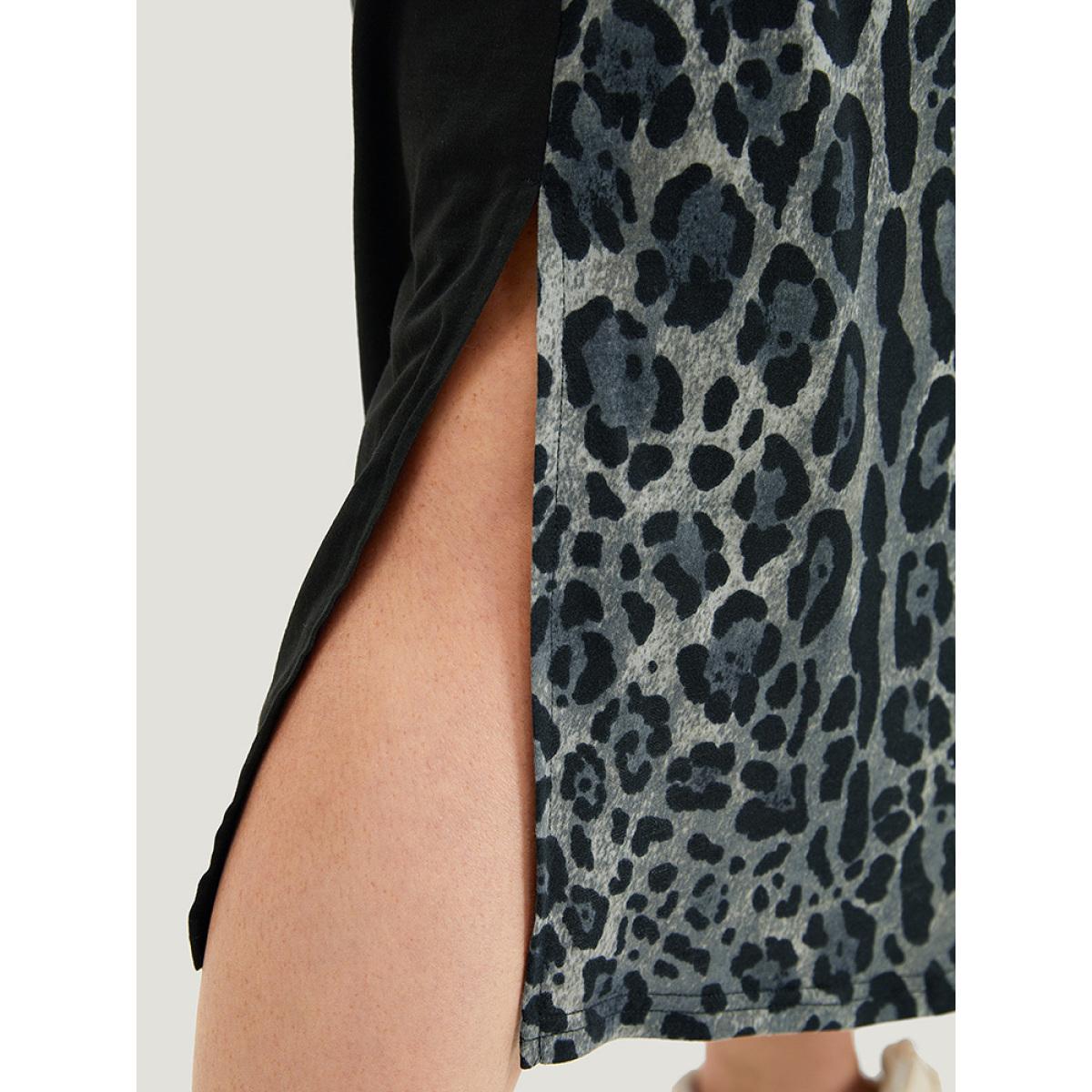 Plus Size Supersoft Essentials Leopard Patchwork Contrast Pocket Split Hem Dress Black Women Casual Patchwork V-neck Short sleeve Curvy Midi Dress BloomChic 28/5X Product Image