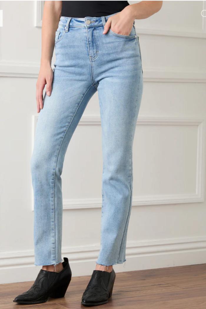 Raw Hem Straight Jeans- Light Blue Product Image