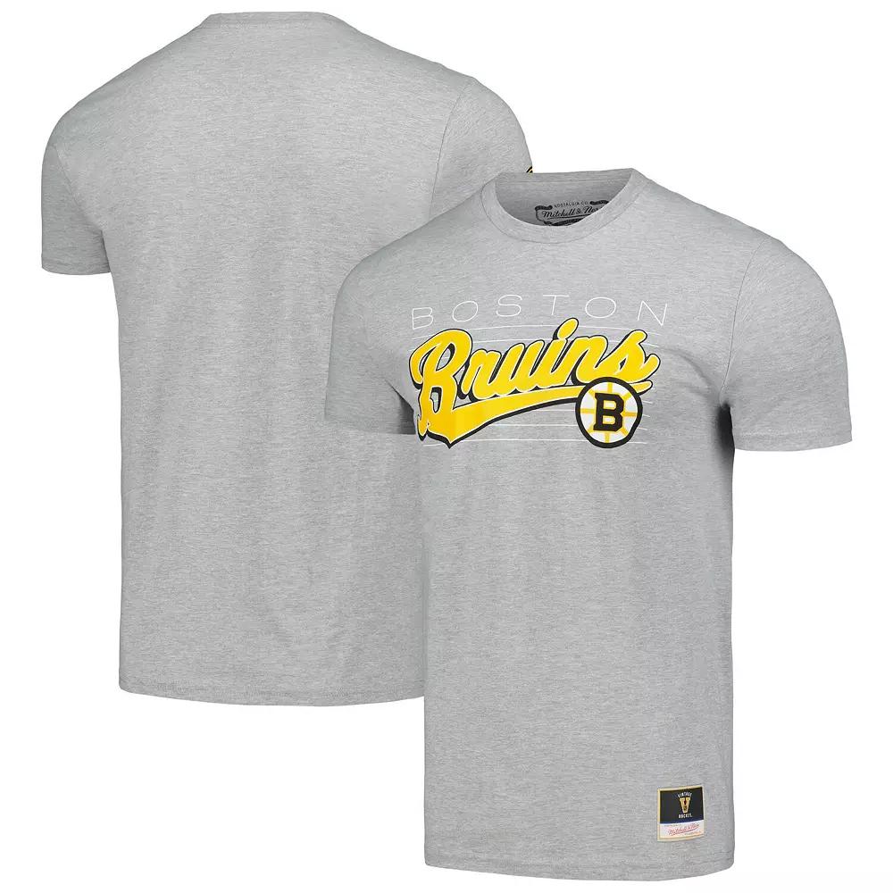 Men's Mitchell & Ness Heather Gray Boston Bruins 100th Anniversary Script Sweep T-Shirt, Size: XL, Grey Product Image