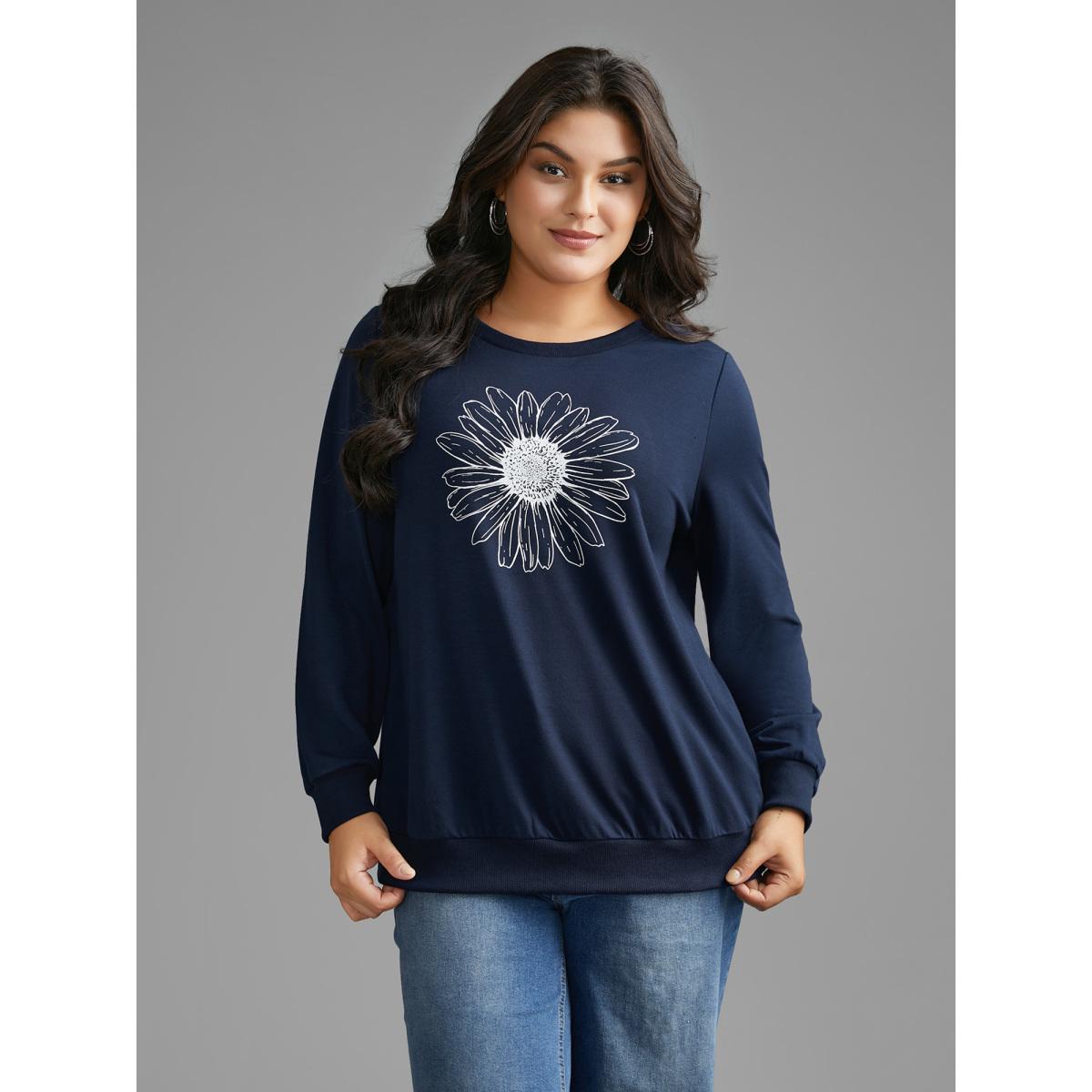 Plus Size Floral Print Crew Neck Sweatshirt Women Indigo Casual Non Round Neck Everyday Sweatshirts BloomChic 18-20/2X Product Image