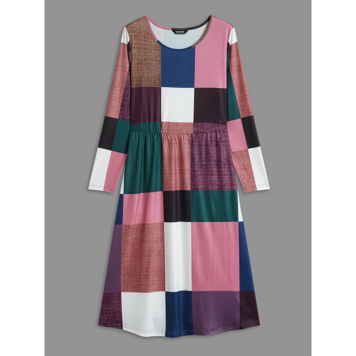 Plus Size Geometric Block Stretchy Waist Pocket Midi Dress Multicolor Women Casual Non Knit Dresses Bloomchic 14-16/1X Product Image