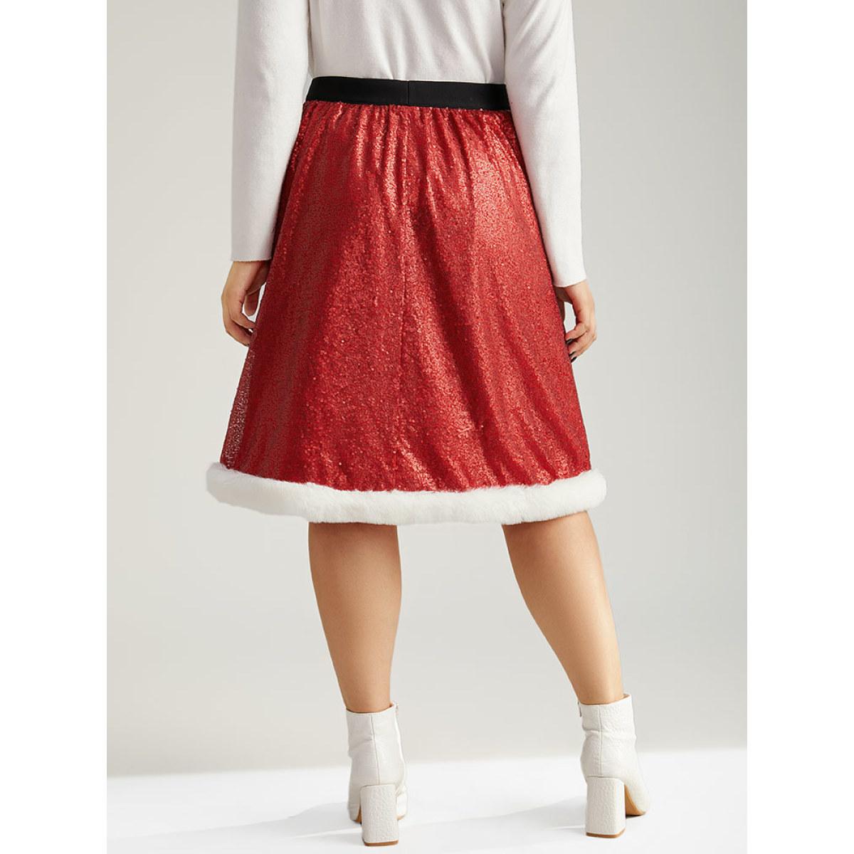 Plus Size Christmas Sequin Patchwork Fuzzy Trim Skirt Women Scarlet Glamour Sequin No stretch Festival-Christmas Skirts BloomChic 14-16/1X Product Image